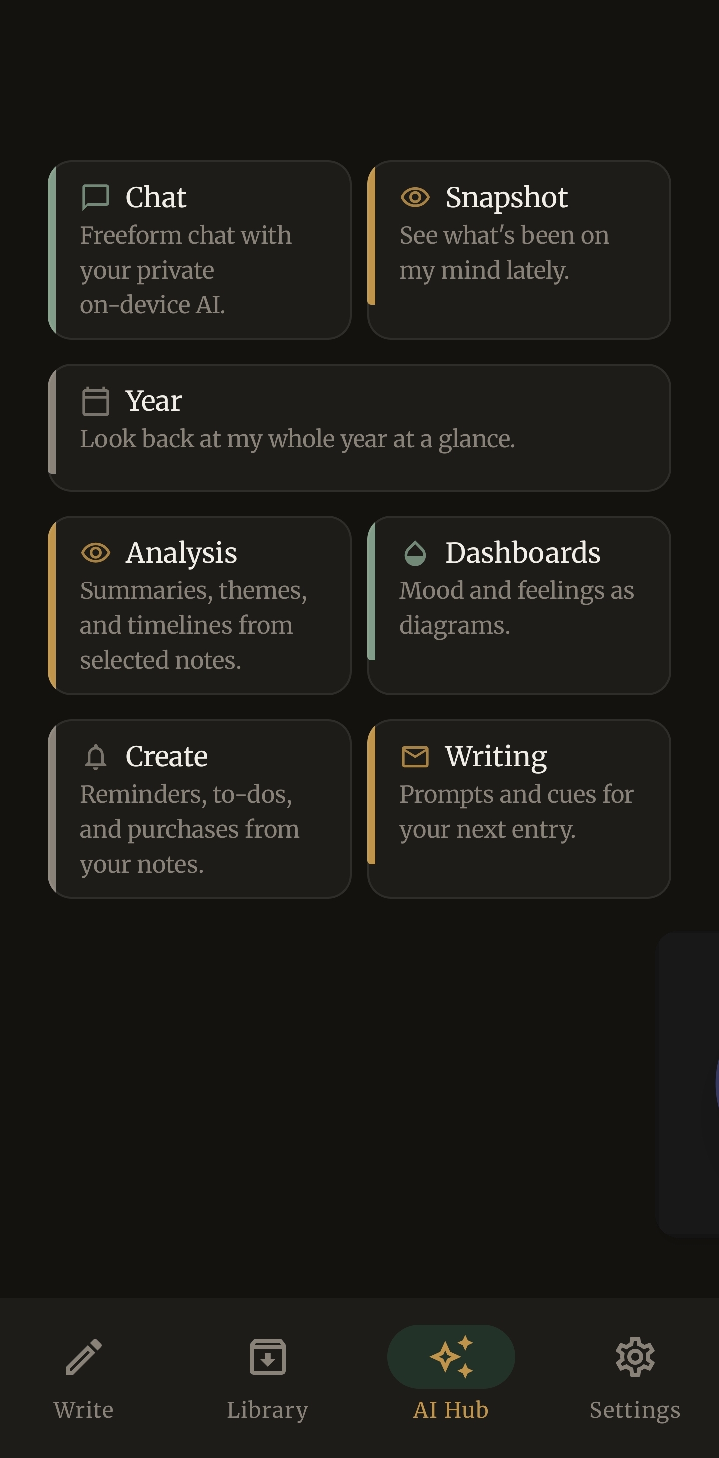 AI Hub in dark mode — deep black background with the same seven feature cards