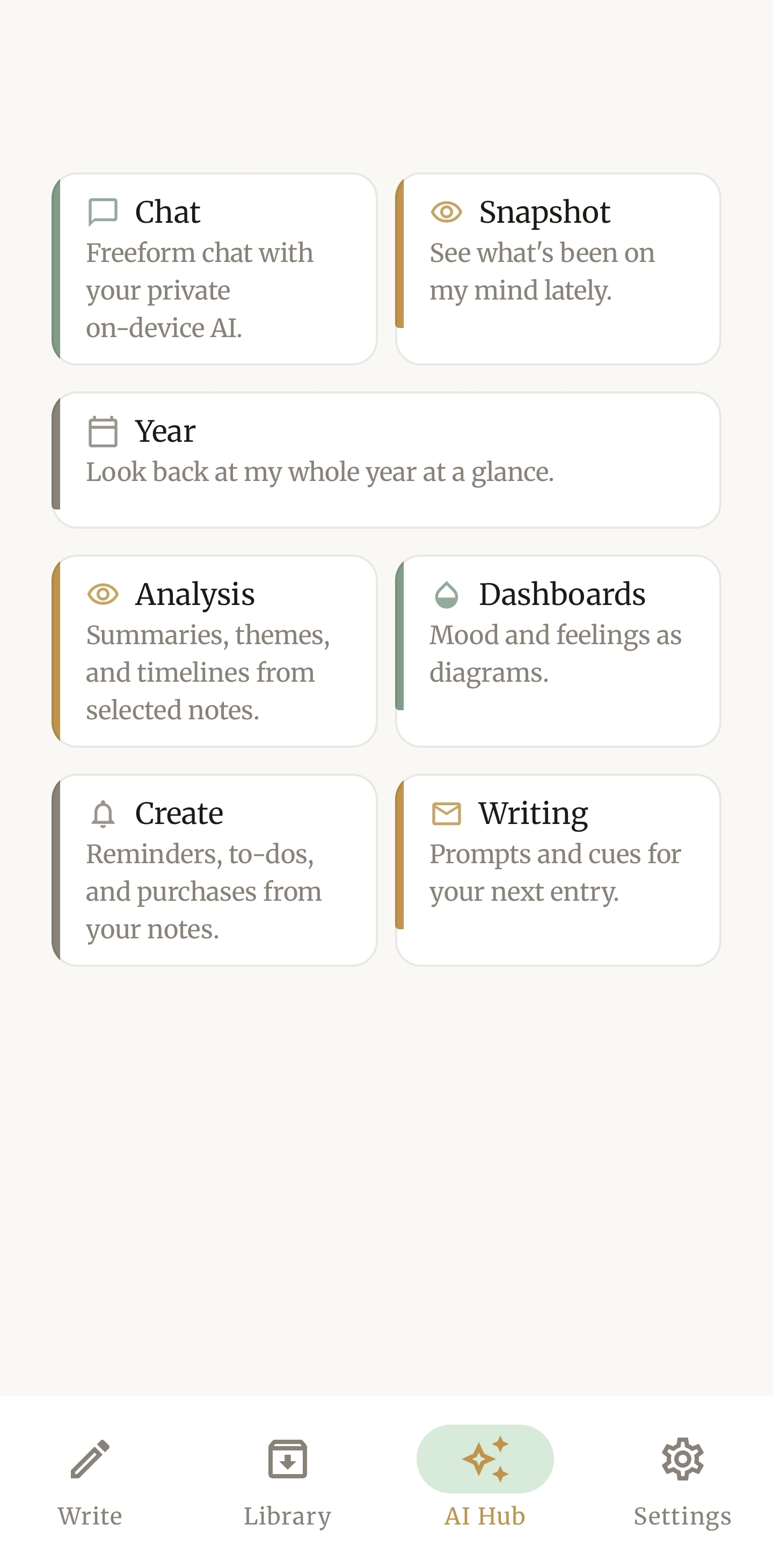 AI Hub screen with seven cards — Chat, Snapshot, Year, Analysis, Dashboards, Create, Writing