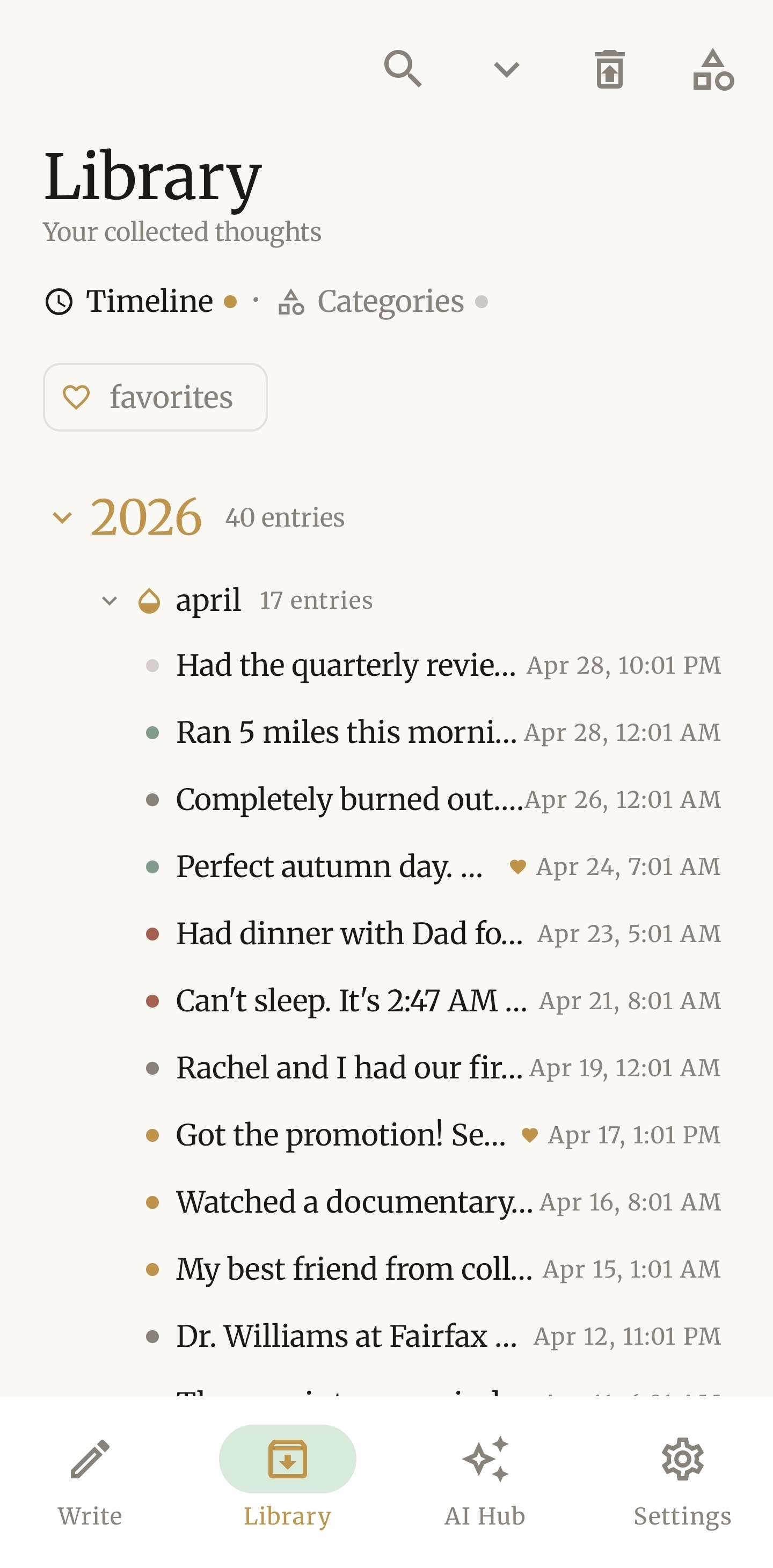 Library screen showing 2026 with 40 entries — a chronological timeline of journal entries with mood-color dots