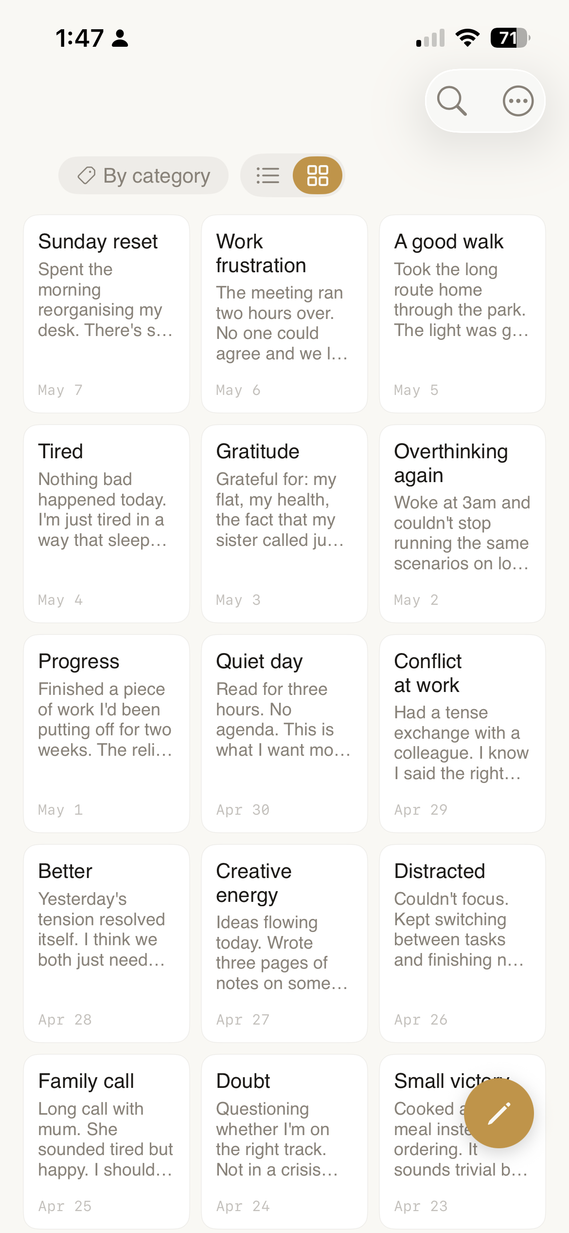 Library card grid — twelve note previews in a 3-column grid