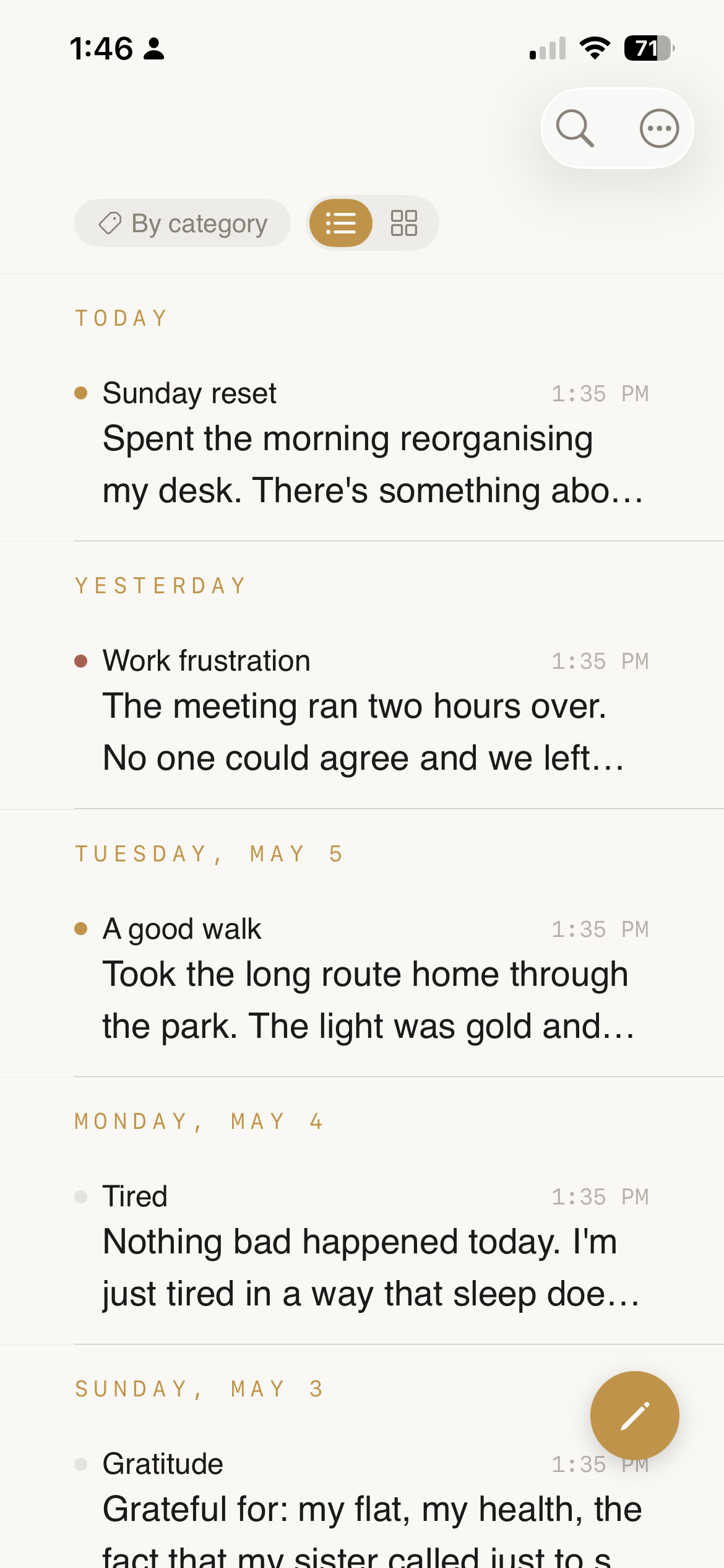 Library list view grouped by Today, Yesterday, Tuesday, Monday — entries with mood-color dots
