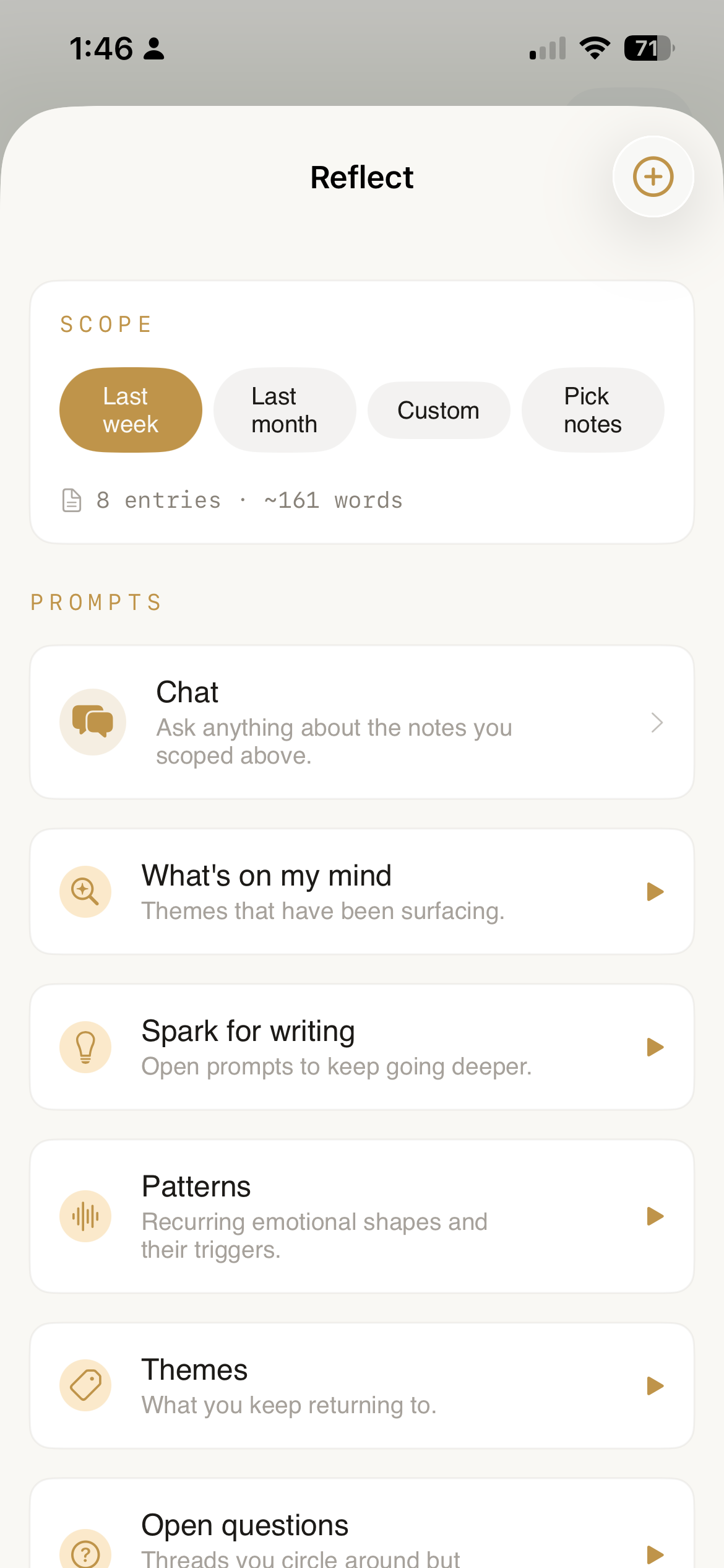 Reflect surface — scope picker (Last week / Last month / Custom / Pick notes) with eight-entry preview and prompt cards