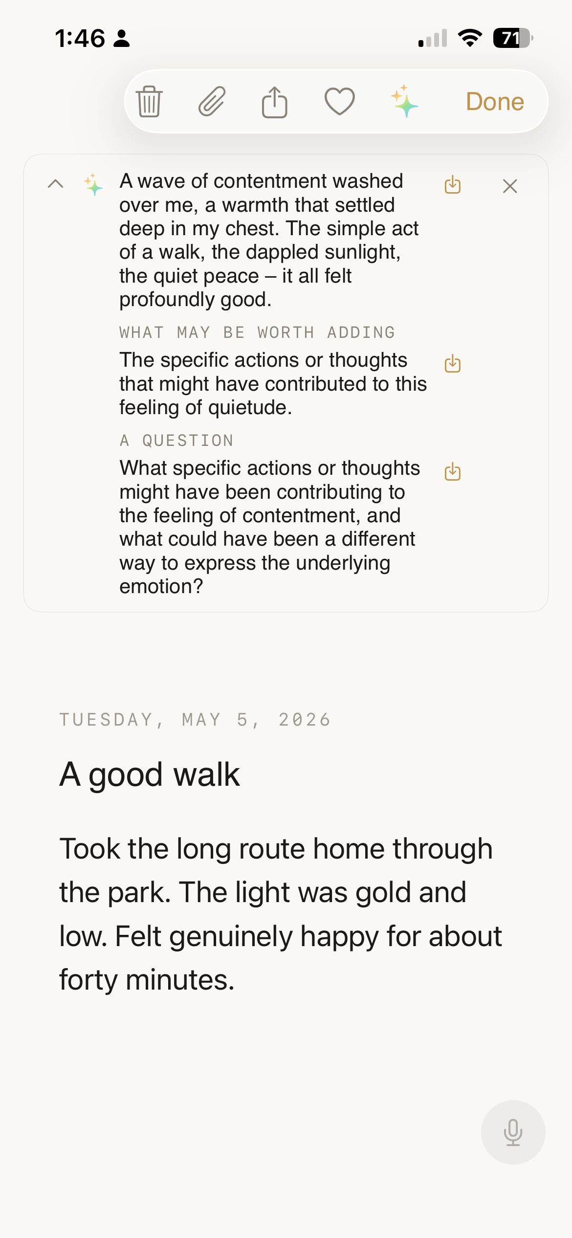 Spark reflection panel above the entry — Reflection, What may be worth adding, A question — each with an inline insert button